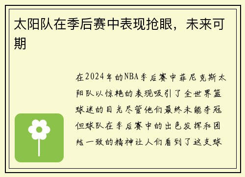 太阳队在季后赛中表现抢眼，未来可期